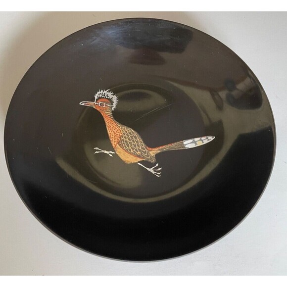 Vintage Couroc of Monterey CA Roadrunner Inlaid Serving Bowl Black Resin MCM 8" - Picture 4 of 7